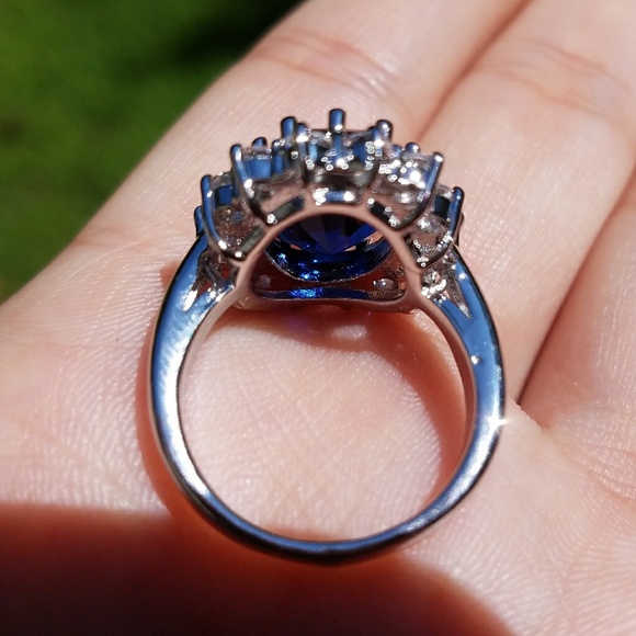 Silver 6 Carat Royal Blue Sapphire Halo Ring - Picture 2 of 5
